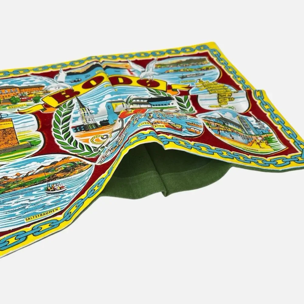 Table Mat Norway Fabric Bodo Landmarks Red Yellow 16x11 Colorful Souvenir Vtg